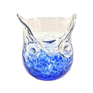 Vintage Blown Glass Owl Cobalt Blue Splatter Jar Vase Candle Holder Boho Cottage